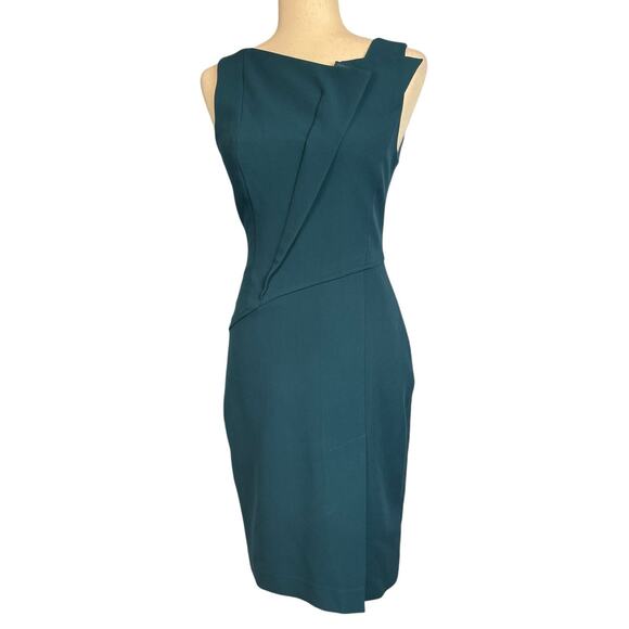 Halston Heritage Sleeveless Folded Neckline Teal Blue Lined Sheath Dress Size 2 - Picture 3 of 8